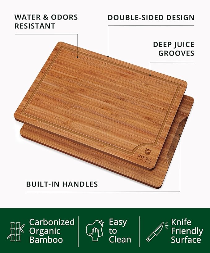 ROYAL CRAFT WOOD Wooden Cutting Boards for Kitchen Meal Prep & Serving - Bamboo Wood Serving Board Set with Deep Juice Groove Side Handles - Charcuterie & Chopping Butcher Block for Meat (3 Pcs)