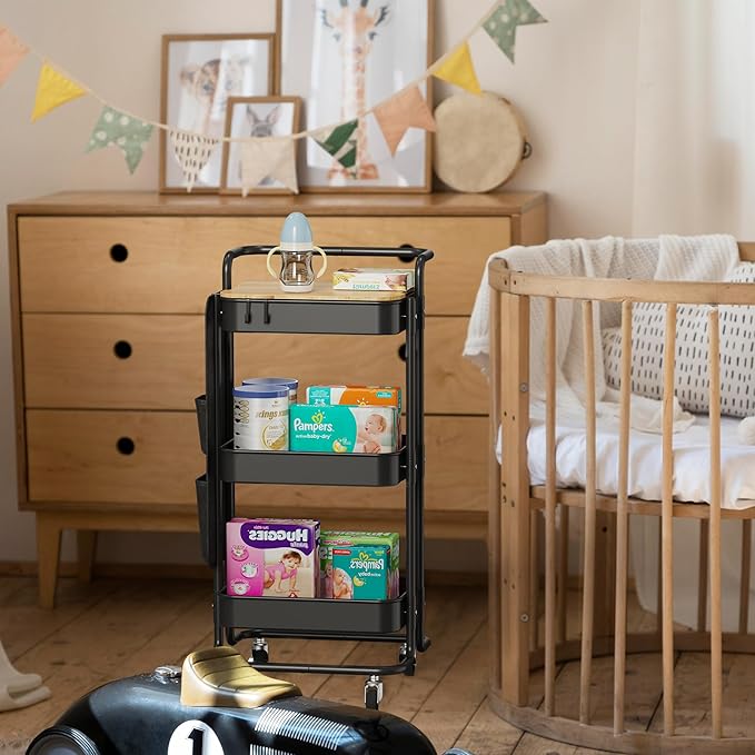 DTK 3 Tier Metal Utility Rolling Cart with Table Top and Side Bags, Tray Storage Organizer Wheels, Art Craft 4 Hooks for Kitchen Bathroom Office Living Room (Black)-BrightBean Baby