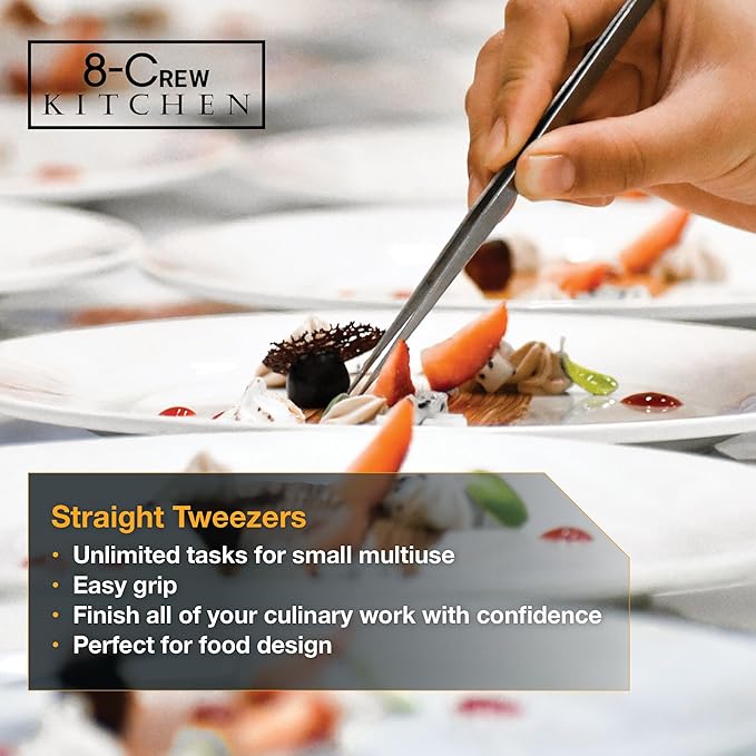 8-CREW KITCHEN Culinary Stainless Steel Tweezers, 8-inch Straight Tip Chef Precision Tongs for Plating, Decorating, Food Design, Bar and Multi-Purpose