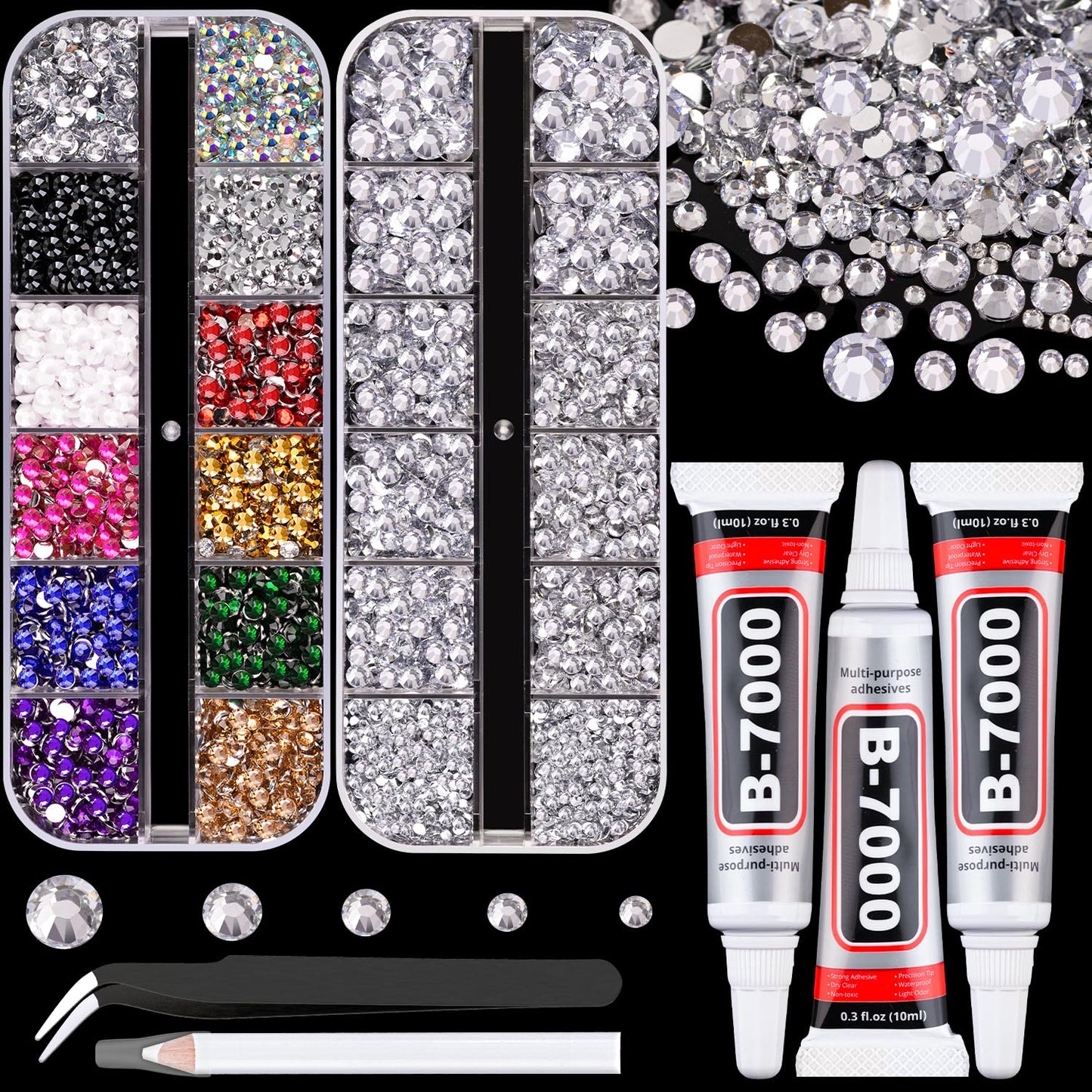 Resin Rhinestones for Crafting with B7000 Jewelry Glue, 2 Boxes Clear+Mix Colors Flatback Crystals with 3Pcs 10ml Glue for Bedazzling Crafts DIY Nail Art Makeup, Gems for Clothing Shoes-BrightBean Baby