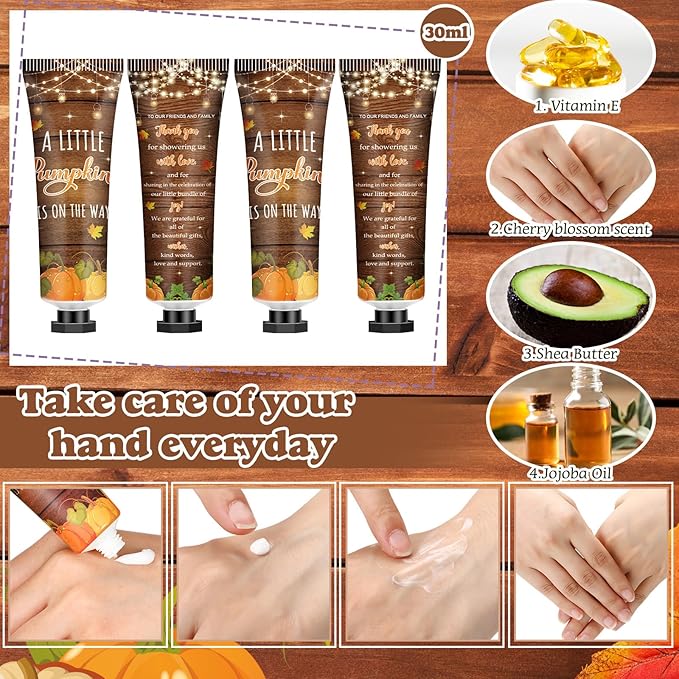 50 Sets 200 Pcs Baby Shower Hand Lotion and Lip Balm Gift Theme Baby Shower Party Favors Travel Size Hand Lotion and Lip Balm Bulk with Organza Bags Tags(Rustic Pumpkin)-BrightBean Baby