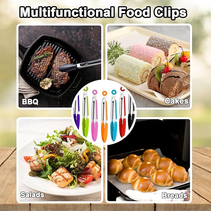 7 Pack Kitchen Tongs,Cooking Tongs with Stainless Steel Silicon Handles and Nylon Tips,7 Inch Stainless Steel Tongs,Heat Resistant Non-Stick BBQ Tongs with Locking, for Cooking Grilling Salad