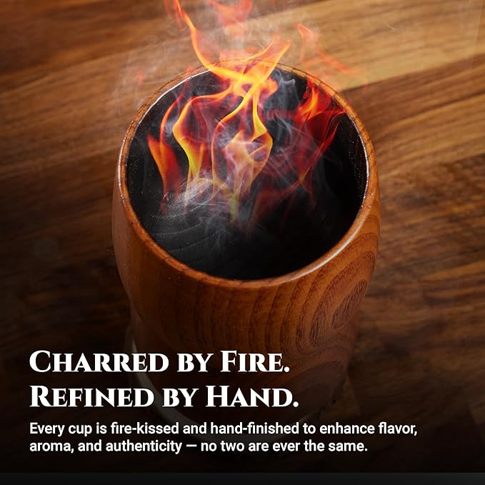 Premium Charred Wooden Whiskey Bourbon Drinking Glasses | Whisky Gifts for Men, Dad, or Brother | Handcrafted Old Fashioned Glasses Tumblers with 6 Stainless Steel Ice Cubes and Tongs | Set of 2