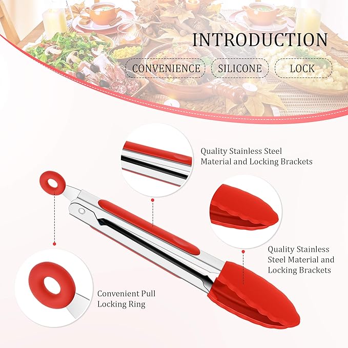 Mudder 5 Pcs Mini Silicone Kitchen Tongs 7 Inch Small Serving Food Tongs with Silicone Tips Christmas Party Supplies for Cooking, BBQ, Salad, Grilling and Frying(Multi)