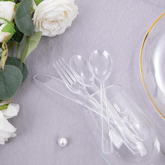 EI 360pcs Clear Plastic Silverware,Plastic Forks and Spoons,Plastic Silverware Heavy Duty,Clear Silverware Disposable include 120pcs Forks,120pcs Spoons and 120pcs Knives for Party,Picnic