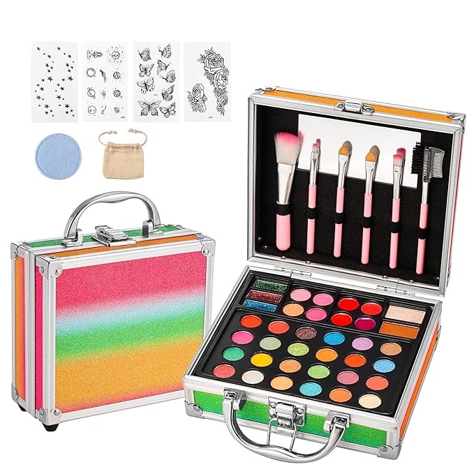 Anpro All-In-One Makeup Carry Case with Pro Teen Makeup Set, Full Starter Cosmetics Kit with Makeup Brushes, Eye Shadows Palette, Blushes, Glitter Gel, Temporary Tattoo Stickers-BrightBean Baby