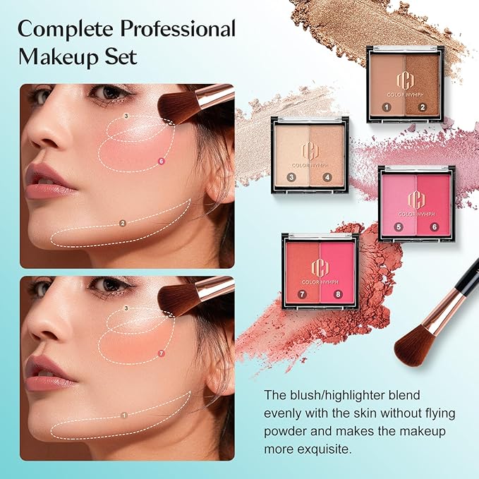 Color Nymph All In One Makeup Kit Comestics Gifts for Girls Teens, Travel Makeup Set 4 Trays Train Case for Beginner Includes Eyeshadow Highlighter Lipgloss Blush Concealer Brush Eyeliner Lipbalm-BrightBean Baby