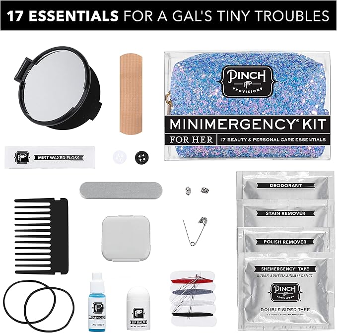 Pinch Provisions Blue Periwinkle Minimergency Kit, includes 17 Travel-Sized Cosmetic Essentials, Convenient for Purses, Emergency Beauty Accessories, Gifts for Holiday’s & Birthday’s-BrightBean Baby