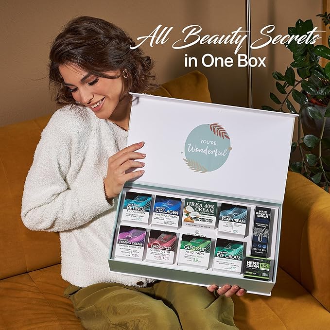 Skincare Gift Set, 10 Anti-Aging Beauty Products for Women & Men, Facial Creams & Moisturizers, Hair Growth Serum, & Hemp Cream, for Hair, Neck, Dark Spots, Scars, Dark Circles, & Dry Skin-BrightBean Baby