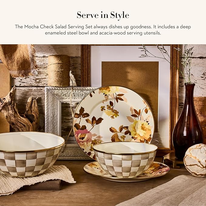 MACKENZIE-CHILDS Enamel Salad Serving Set, Enamel Bowl and Wooden Salad Servers, Decorative Kitchen Set, Brown-and-White Mocha Check