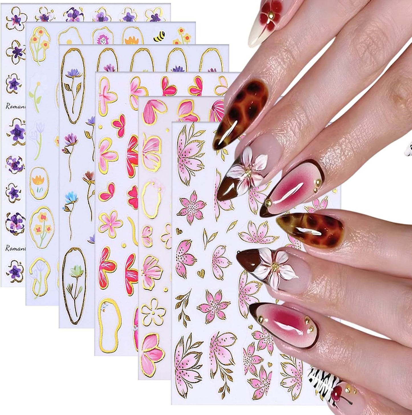 6 Sheets Flower Nail Art Stickers 3D Self-Adhesive Hot Stamping Blossom Nails Sticker Spring Nail Art Decals Holographic Floral Nails Decal Decoration for Women Flowers Manicure DIY Nail Supplies-BrightBean Baby