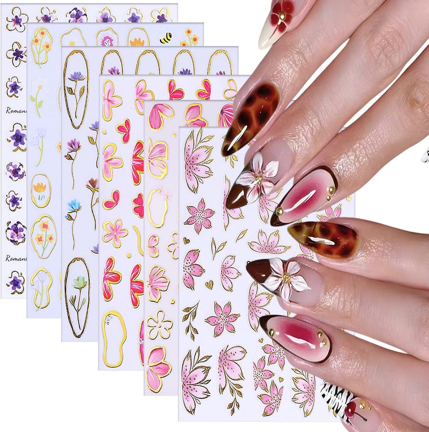 6 Sheets Flower Nail Art Stickers 3D Self-Adhesive Hot Stamping Blossom Nails Sticker Spring Nail Art Decals Holographic Floral Nails Decal Decoration for Women Flowers Manicure DIY Nail Supplies-BrightBean Baby