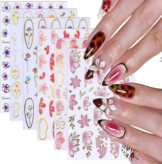 6 Sheets Flower Nail Art Stickers 3D Self-Adhesive Hot Stamping Blossom Nails Sticker Spring Nail Art Decals Holographic Floral Nails Decal Decoration for Women Flowers Manicure DIY Nail Supplies-BrightBean Baby