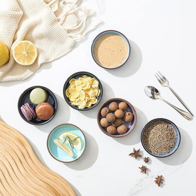 Selamica Ceramic 2.5 OZ Soy Sauce Dish Dipping Bowls Set of 6, 3.3 Inch Small Side Dish Pinch Bowls, Mini Bowls for Condiments, Ketchup, BBQ, Sushi, Gradient Blue