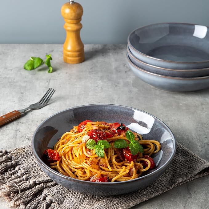 AmorArc 8.5'' Large Pasta Bowls, 36oz Stoneware Pasta Serving Bowls Set of 6 for Kitchen, Wide Bowls for Pasta,Salad,Fruit,Oatmeal, Microwave Safe, Reactive Glaze-Gray