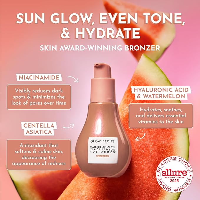 Glow Recipe Hue Drops Tinted Face Serum - Bronzing Drops to Brighten & Hydrate - Skincare Makeup Primer & Liquid Highlighter to Blur Pores for a Radiant, Even Skin Tone - Sunglow (40ml)-BrightBean Baby