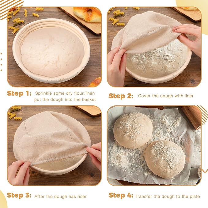 Set of 6 Bread Proofing Basket Round Bread Banneton Sourdough Bread Kit with Cloth Liner Plastic Scraper Dough Proofing Bowls for Home Sourdough Bakers Bread Making Supplies (9 Inch)