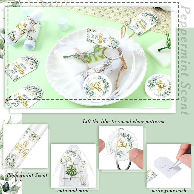 60 Sets 360 Pcs Lip Balm Soap Keychain Favors Eucalyptus Greenery Baby Shower Favors with Organza Bag Gift Card Faux Eucalyptus Greenery for Baby Shower Gift Gender Reveal Guest Prize-BrightBean Baby