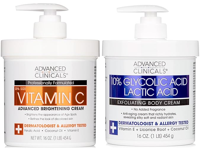 Advanced Clinicals Brightening Vitamin C Body Cream + AHA Exfoliating 10% Glycolic Acid & Lactic Acid Lotion 2PC Skincare Set For Women & Men To Reduce Appearance Of Dark Spots & Uneven Skin Tone-BrightBean Baby
