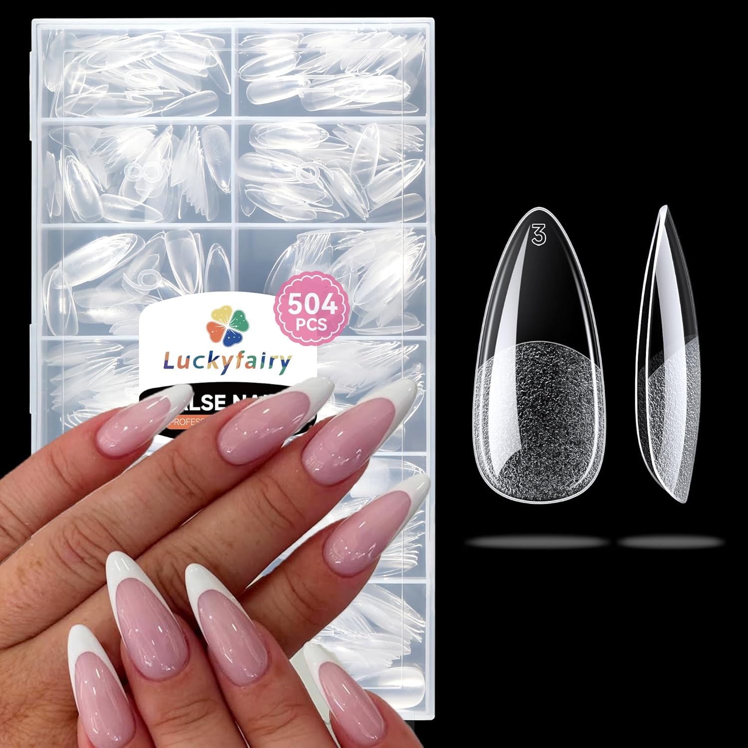 Medium Almond Nail Tips, 504pcs Soft Gel Pre-Filed Acrylic Almond Fake Nails, Half Matte Full Cover Clear Press on Flase Nail Tips for Nail Extension Home DIY 12 Sizes-BrightBean Baby