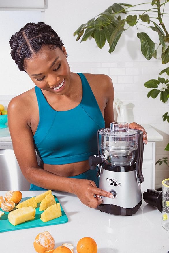 Magic Bullet® Mini Juicer, Countertop Space-Saving, 2" Feed Chute for Fruits and Vegetables, 400W, Compact Design, Black/Silver, MBJ10100