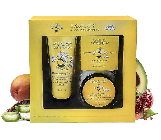 BELLA B 3-Piece Gift Set - Pregnancy Gifts For First Time Moms - Pregnant Mom Gifts - Mom To Be Gifts - Pregnancy Gift Basket - Sitz Bath Soak - Honey Tummy Butter - Silk And Honey Moisturizing Cream-BrightBean Baby
