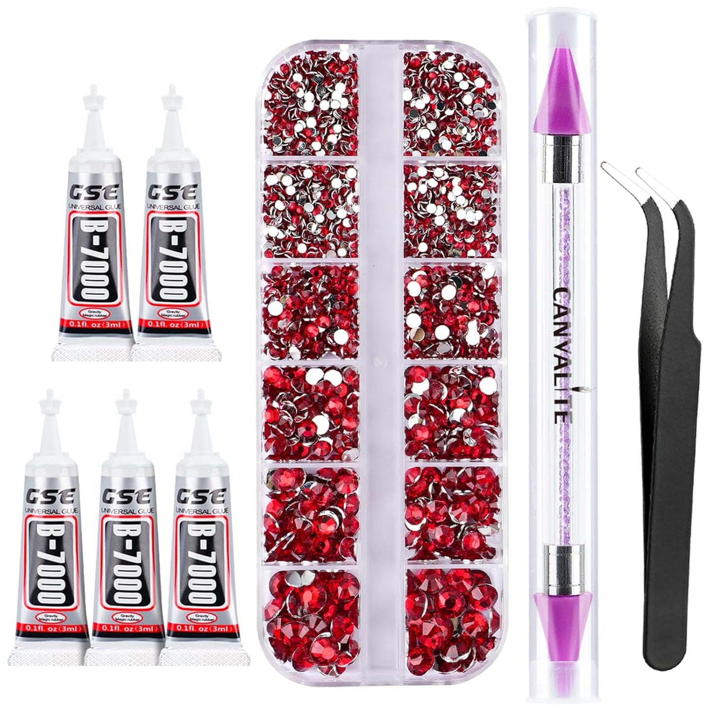 Canvalite 2784PCS Red Rhinestones Flat Back Gems, Nail Rhinestones Gems with 5Pcs Jewelry Glues, Pick Up Tweezers and Diamonds Picker Dotting Pen, Tools for Nail Art, Clothes, Face, Crafts-BrightBean Baby