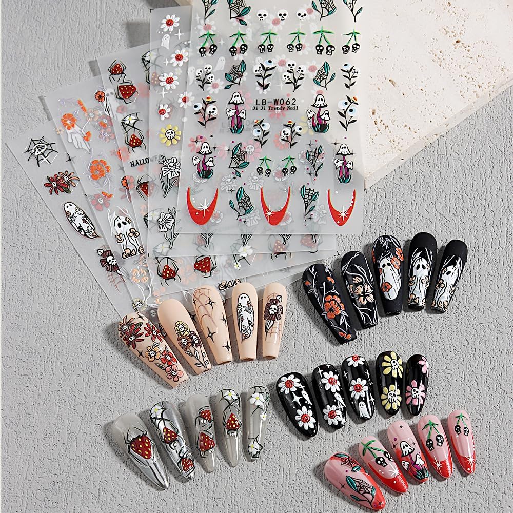 5 Sheets Halloween Nail Art Stickers Horror Ghost Self-Adhesive Embossed Flower Skull Nail Decals - with Cute Sunflower Strawberry Spider Ghost Designs for Women Girls DIY Nail Decoration-BrightBean Baby