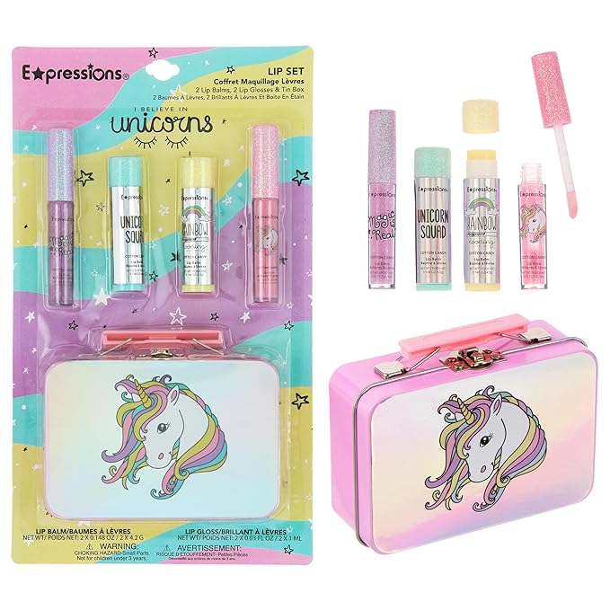 Expressions - 5pc Cosmetics Lip Kit For Kids w/Lip Glosses, Lip Balms & Tin Box Storage Case,I Believe in Unicorns Hologrpahic,Washable + Non Toxic-BrightBean Baby