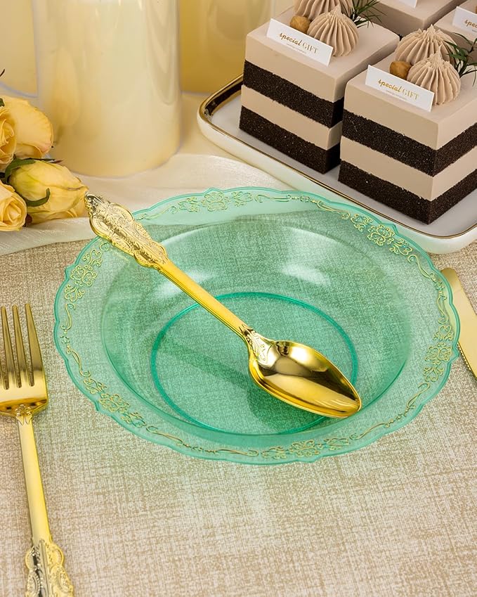 100 Pack Clear Green Plastic Bowls with Gold Rim, 12oz Plastic Salad Bowl, Disposable Bowls for Party, Dinners, Weddings, Christmas, Thanksgiving