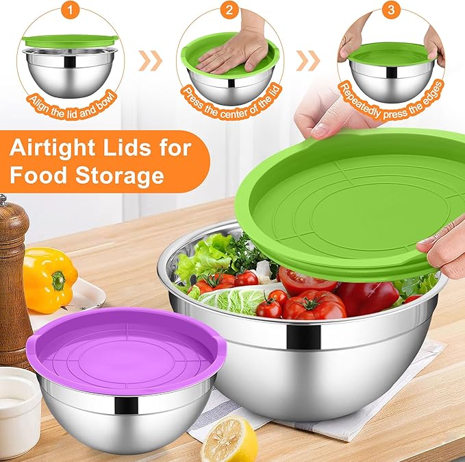 LIANYU Stainless Steel Mixing Bowl Set of 6, Metal Nesting Salad Bowl, Extra Large 7 & 3.5 & 2.5 & 2 & 1.5 & 1QT, Kitchen Bowls for Cooking, Storage, Serving, Dishwasher & Freezer Safe, Multi-Color