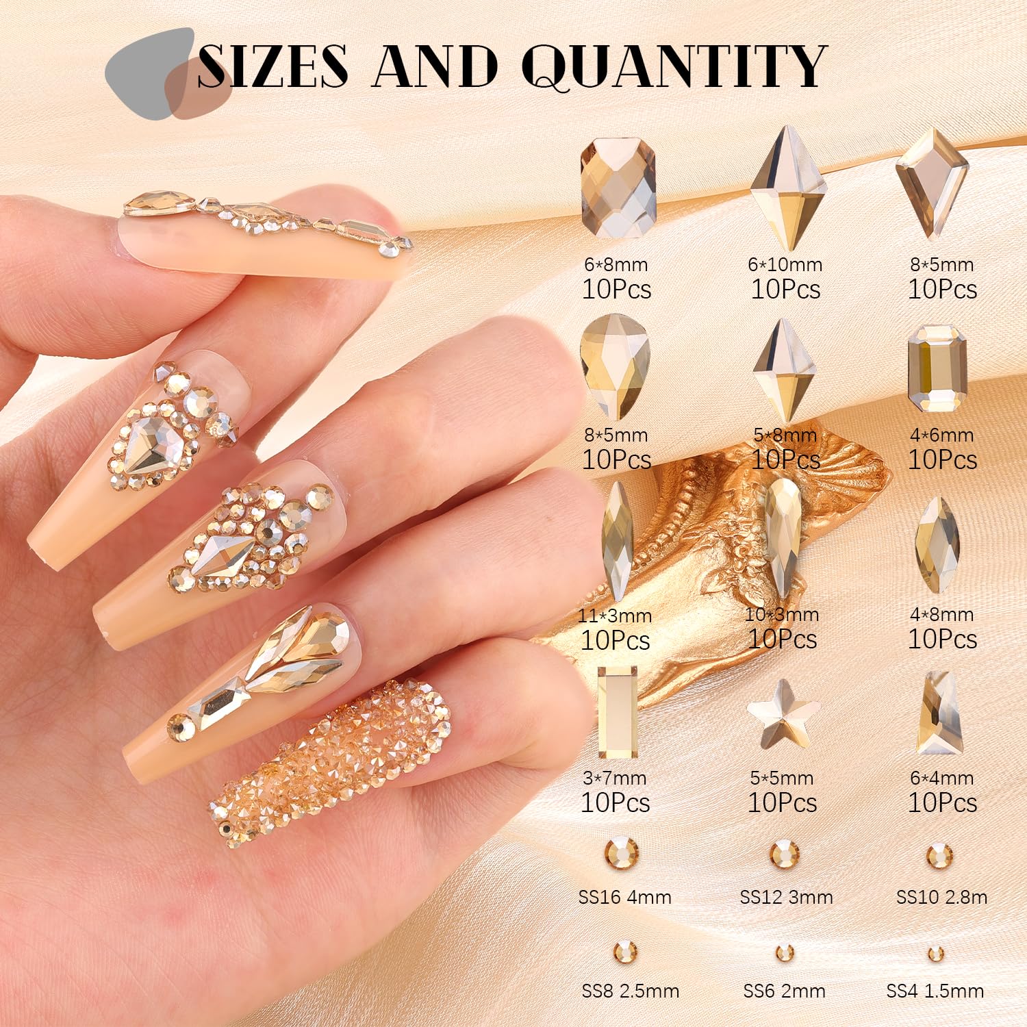3220Pcs Gold Nail Rhinestones, 1.5-4mm Mini Flatback Crystal & 3D Multi Shapes Gems, Champagne Gold Charms Diamond Gemstones for Nails Decoration-BrightBean Baby