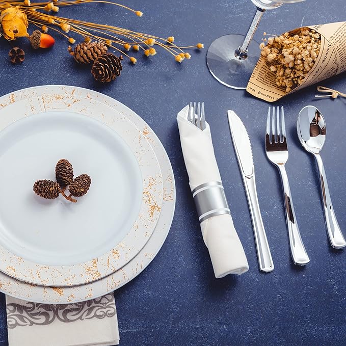 N9R 50 Pack Pre Rolled Silver Plastic Cutlery Set, 50 Forks, 50 Knives, 50 Spoons, 50 Napkins, Disposable Cutlery Set for Party and Wedding