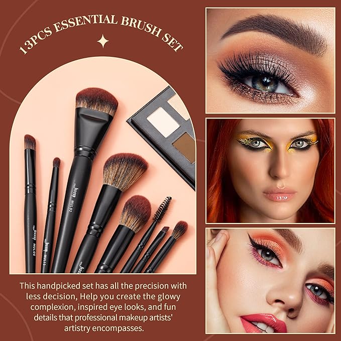 Jessup Full Makeup Brushes Set 13pcs, Professional Vegan Foundation Powder Contour Blush Highlight Eyeshadow Blending Concealer Spoolie EyeLiner Brush, Phantom Black T300-BrightBean Baby
