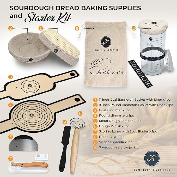 Premium Banneton Bread Proofing Baskets - A Complete Sourdogh Bread Baking Kit - Sourdough Starter Jar Kit 1000ml, Round and Oval Slings