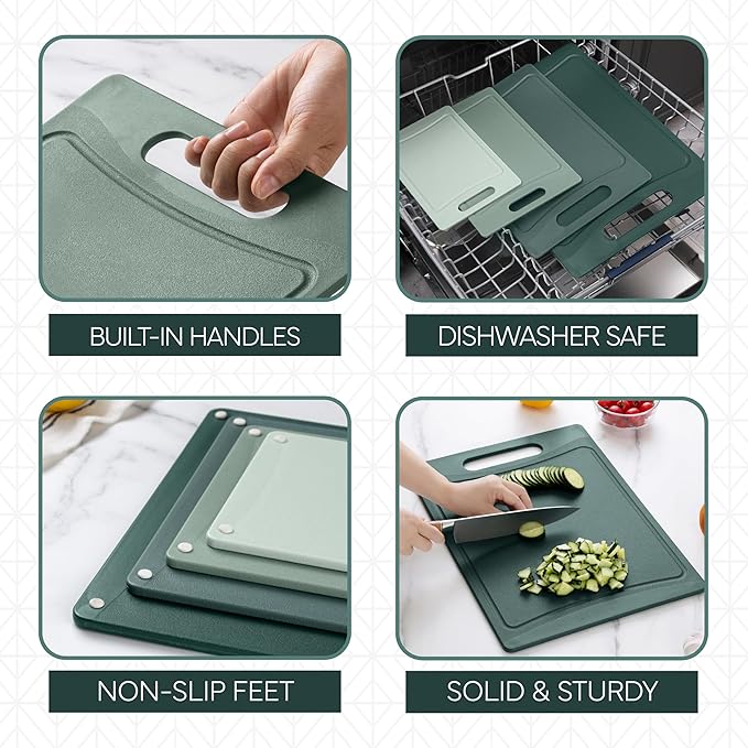 COOK WITH COLOR Non-Slip Cutting Board Set – Kitchen Essentials with Easy Grip Handle for Meat, Veggies, and Fruits, 4 Cutting Boards, Mint