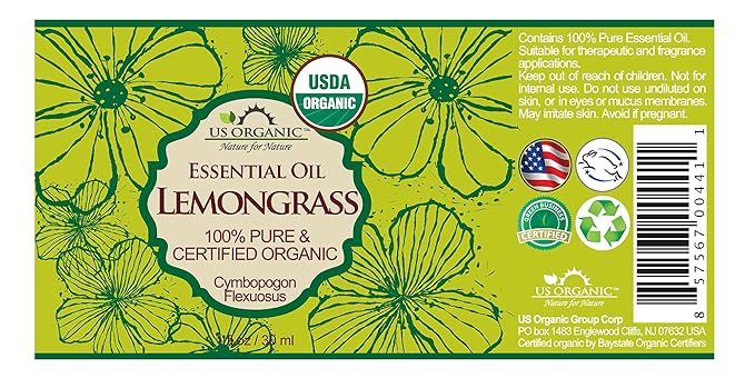 US Organic 100% Pure Lemongrass Essential Oil, USDA Certified Organic, Extracted by Steam Distillation Method, for Hair, Nail Polish Remover, Bees Attraction, and More. 30 ml, Value 2 Pack-BrightBean Baby
