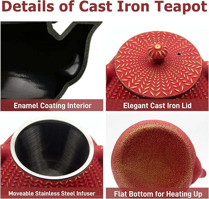 Small Cast Iron Tea Kettle for Stovetop Safe, Red Tea Pot Coated with Enameled Interior, Durable Teapot with Stainless Steel Infuser for Loose Leaf (1000ml/34oz)