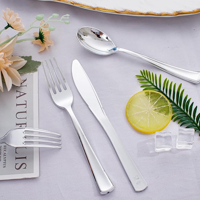 WDF 500PCS Silver Plastic Silverware - Plastic Silver Utensils - 250 Forks, 125 Spoons, 125 Knives, Heavy Duty Disposable Silverware Sets for Parties, Wedding, Christmas