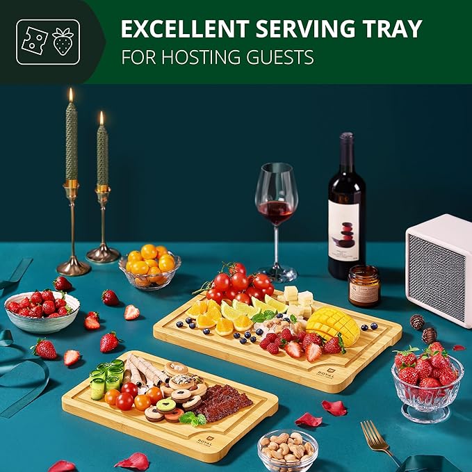 ROYAL CRAFT WOOD Wooden Cutting Boards for Kitchen Meal Prep & Serving - Bamboo Wood Serving Board Set with Deep Juice Groove Side Handles - Charcuterie & Chopping Butcher Block for Meat