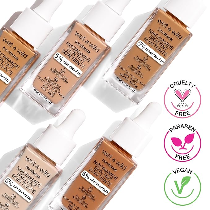 wet n wild Bare Focus Skin Tint, 5% Niacinamide Enriched, Buildable Sheer Lightweight Coverage, Natural Radiant Finish, Hyaluronic & Vitamin Hydration Boost, Cruelty-Free & Vegan - Soft Ivory-BrightBean Baby