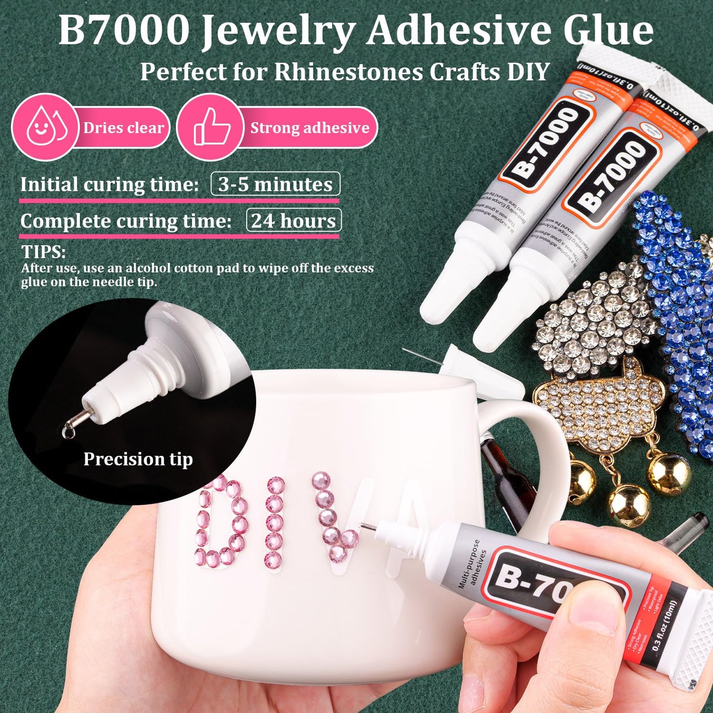 Resin Rhinestones for Crafting with B7000 Jewelry Glue, 1 Box Dark Pink Flatback Crystals with 3Pcs 10ml Glue for Bedazzling Crafts DIY Nail Art Makeup，Non Hotfix Gems for Clothing Shoes-BrightBean Baby