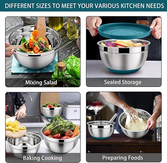 LIANYU Stainless Steel Nesting Mixing Bowls Set of 6, Non-slip Bottom & Airtight Lids, Size 7, 3.5, 2.5, 2, 1.5, 1QT, Large Metal Bowls for Cooking, Baking, Food Storage, Dark Blue