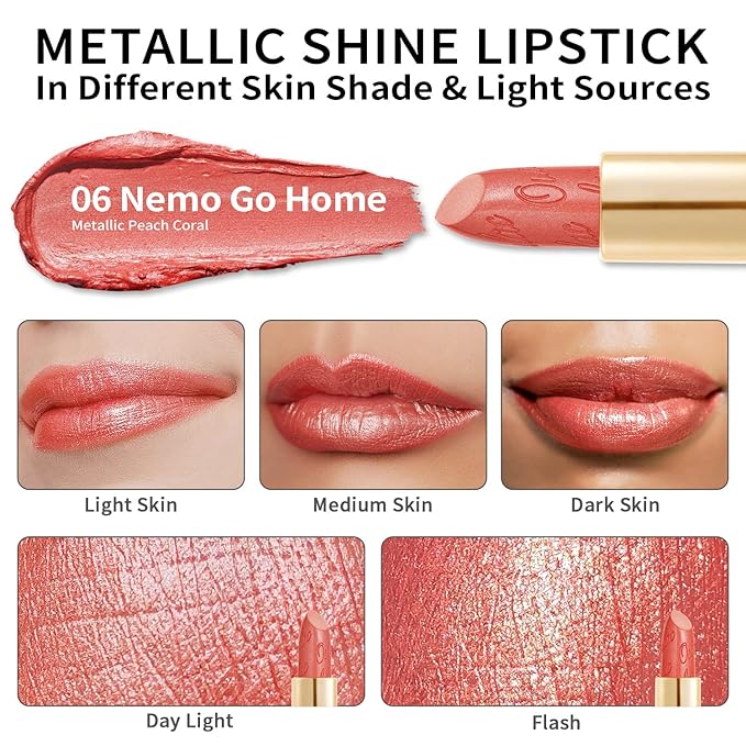 Oulac Coral Pink Lipstick for Women with Metallic 3D Shine Lightweight Hydrating Formula, High Impact Lip Color, Vegan Beauty, Full Coverage Lip Makeup, Christmas Gifts for Women, Nemo Go Home(06)-BrightBean Baby