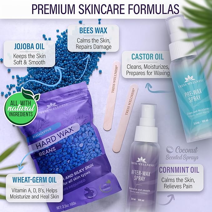 Tress Wellness Waxing Kit for Sensitive Skin – Safe for Face & Skin, Prep & Aftercare Spray, Easy to Use – At-Home Kit for Face, Bikini, Brazilian & Full Body - Digital Display, Black Purple Flower-BrightBean Baby
