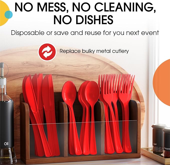 Party Solids Red Plastic Silverware Heavy Duty 150 Pieces Red Plastic Cutlery Sets, Utensil Sets, 50 Of Each Forks, Knives & Spoons Disposable Cutlery Set, Flatware Set For Party Supplies