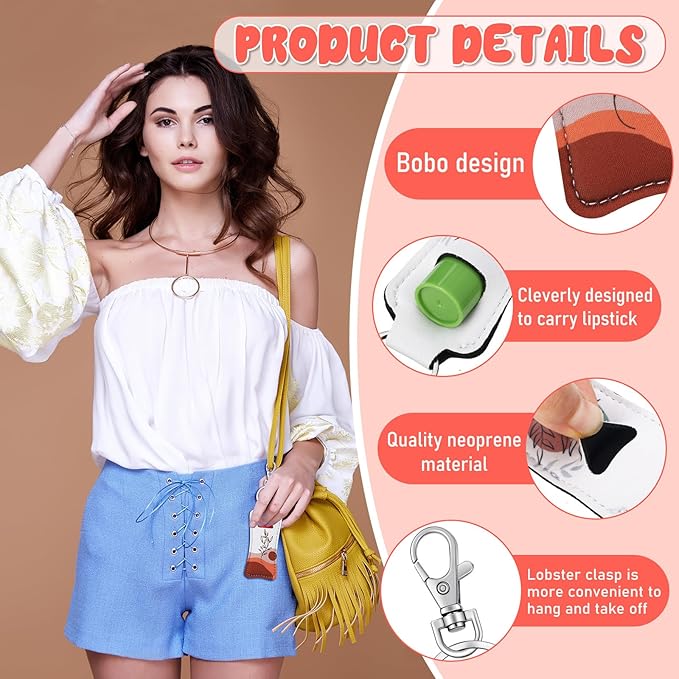 6 Pcs Boho Lip Balm Sleeve Keychain Lipstick Holder Key Chain with Portable Clip Lip Gloss Pouch Keychain for Women Graduation Travel Accessory Stocking Stuffers Gifts-BrightBean Baby