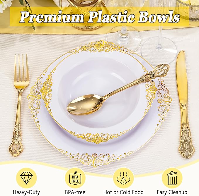 100PCS Gold Plastic Bowls - 12 oz White Disposable Salad Bowls - Heavy Duty Soup Serving Bowl - Fancy Plastic Ice Cream Bowl for Christmas,Thanksgiving Parties, Dinners, Catering, Picnics