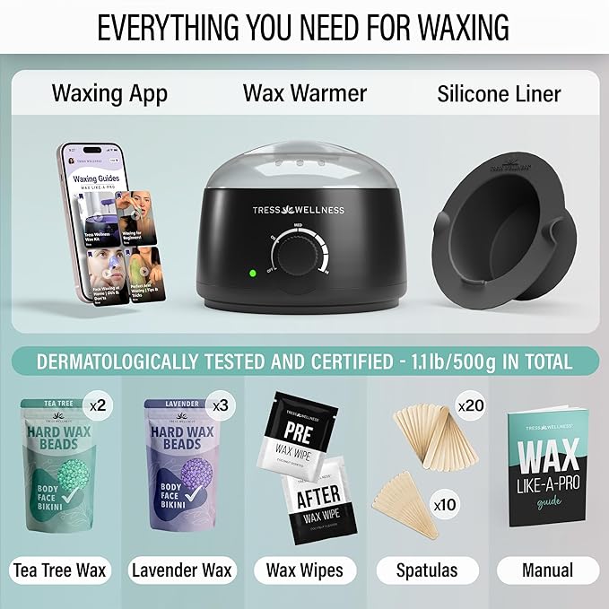 Tress Wellness Waxing Kit for Sensitive Skin – Safe for Face & Skin, Prep & Aftercare Spray, Easy to Use – At-Home Kit for Face, Bikini, Brazilian & Full Body – Black, No Display-BrightBean Baby