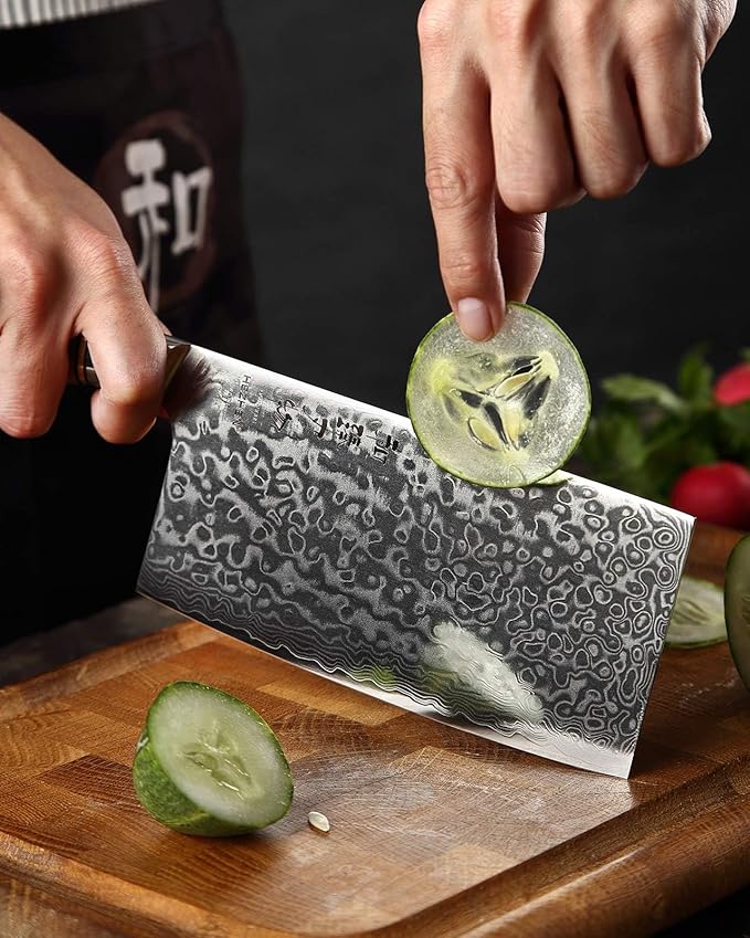 HEZHEN Meat Cleaver & Butcher Knife - 6.8 Inch 67-Layer Damascus Steel Forged Sharp Kitchen & Vegetable Cleaver with Non-Slip Wooden Handle